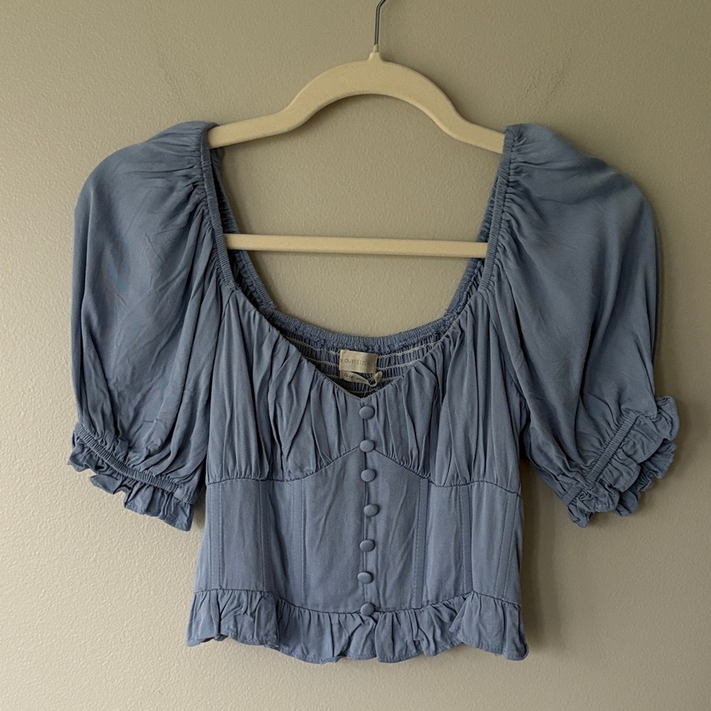 Urban Outfitters Corset Style Ruffle Short Sleeve Women's Top Blue Button Down
